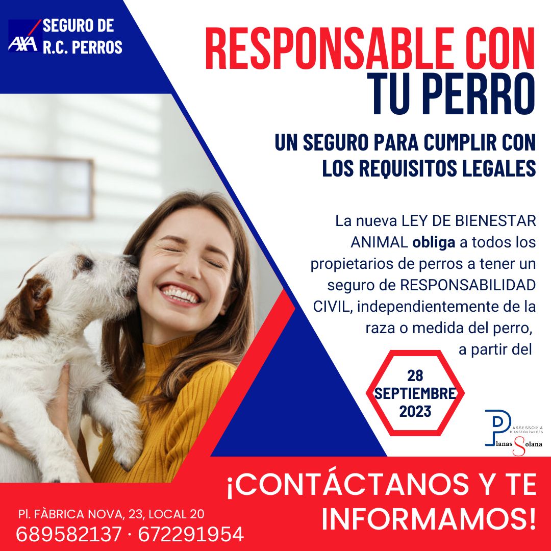 AXA_Vilanova's tweet photo. 🔴 Con la nueva #LeyBienestarAnimal, a partir del 28 de SEPTIEMBRE será OBLIGATORIO disponer de un seguro de responsabilidad civil de vuestro PERRO.
📞 CONTÁCTANOS Y TE INFORMAMOS!!
#AXAVNG #AXAVILANOVA #VilanovailaGeltrú #Sitges #Cubelles #Garraf #AXA #Perro #Seguro #Ley https://t.co/yC45T0f6jX