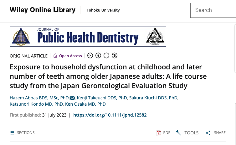 hazem_32's tweet photo. Exposure to household dysfunction at childhood and later number of teeth among older Japanese adults: A life course study from the Japan Gerontological Evaluation Study - Abbas - Journal of Public Health Dentistry - Wiley Online Library https://t.co/T9AlEsdz8X https://t.co/6FuYCr22aB