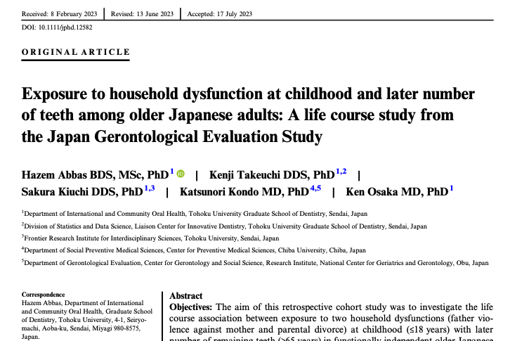 hazem_32's tweet photo. Exposure to household dysfunction at childhood and later number of teeth among older Japanese adults: A life course study from the Japan Gerontological Evaluation Study - Abbas - Journal of Public Health Dentistry - Wiley Online Library https://t.co/T9AlEsdz8X https://t.co/6FuYCr22aB