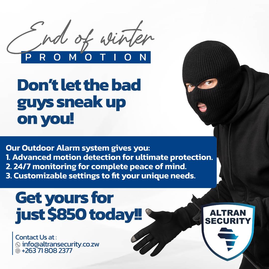 AltranSecurity's tweet photo. Don't miss out this August and get your outdoor alarm system for just as little as $850. Call or WhatsApp +263 71 808 2377.               #outdooralarmsystem #security https://t.co/16kH1RQ9Yp
