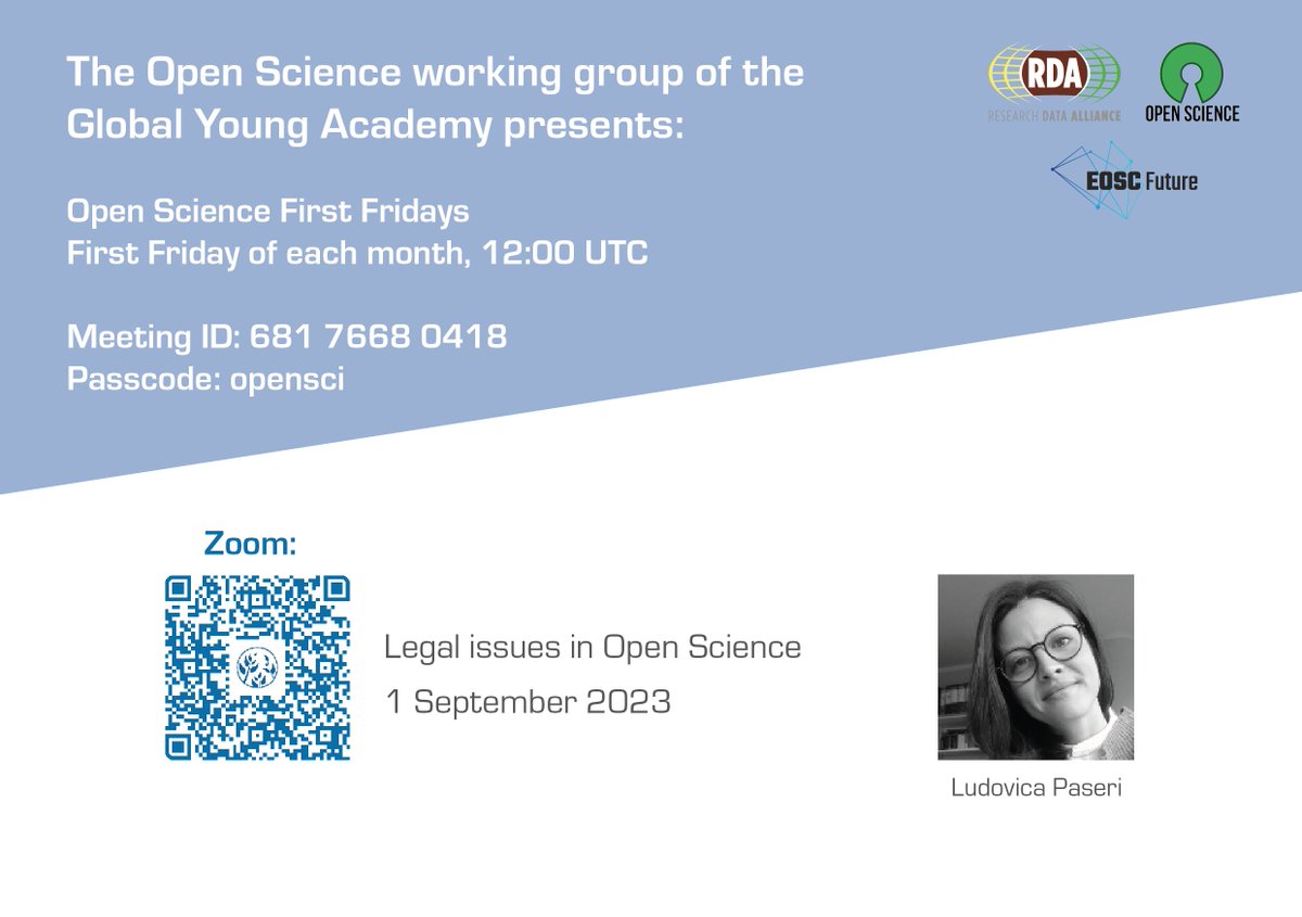 Our #OpenScience First Fridays series continues 1 Sept. with @LPaseri (<a href="/unito/">Università di Torino</a>) who will discuss "Legal issues in Open Science".
Topics will include challenges related to intellectual property regulation and the tension between openness and data protection
globalyoungacademy.net/open-science-f…
