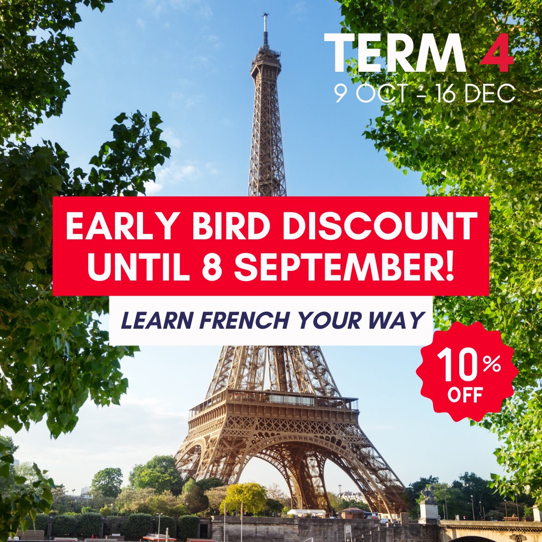 Enrol today for Term 4 and benefit from the early bird
discount with 10% off all our courses!

📅 Term 4: 9 October to 16 December
🥸 Native francophone teachers
✔ Courses for all levels and ages
🕓 A timetable that fits your schedule!

#learnfrench #alliancefrancaise #discount