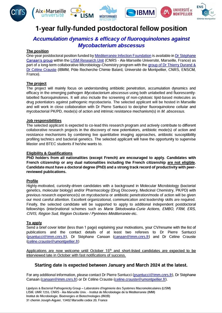 🚨 Please RT! 🚨 We have one Postdoc position available at @canaanlab @LISM_CNRS_AMU Cool project on #Fluoroquinolone penetration & efficacy in #Mycobacteria in collab. with T.Durand & C.Crauste at @IBMM_Balard @umontpellier More info to apply here 👇 tuberculosis-lbp.wixsite.com/tuberculosis-l…