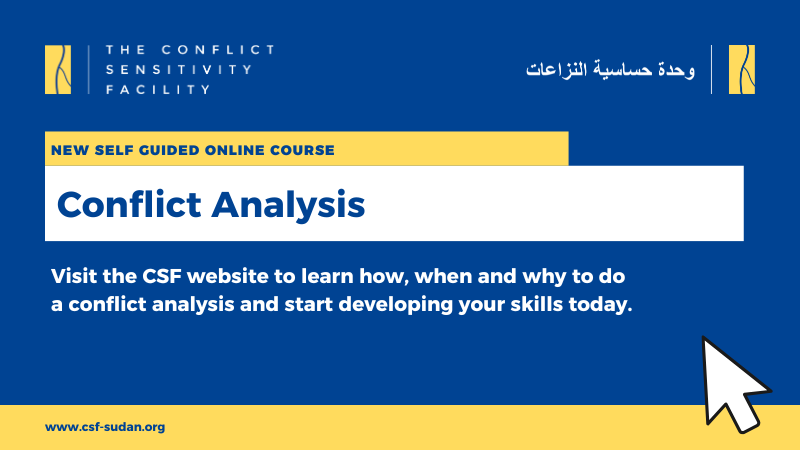 📣We are excited to share that our new #conflict analysis course is now online!

This course helps aid workers assess when, why &amp; how to do a conflict analysis, and how to make aid more conflict sensitive at their own pace.

➡️csf-sudan.org/course/conflic…