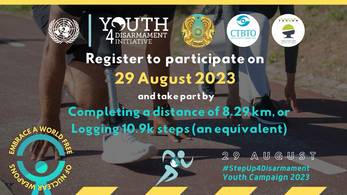 Go the distance  TODAY to help #StepUp4Disarmament! Join young people around the world in a global campaign to mark the International Day against Nuclear Tests, launched by
<a href="/UN_Disarmament/">UN Office for Disarmament Affairs</a>, <a href="/KazakhstanUN/">Permanent Mission of Kazakhstan to United Nations</a>, <a href="/CTBTO/">CTBTO</a> &amp; <a href="/YFusion2000/">YouthFusion2000</a>. 
Register ➡️ bit.ly/3NSfMuO.