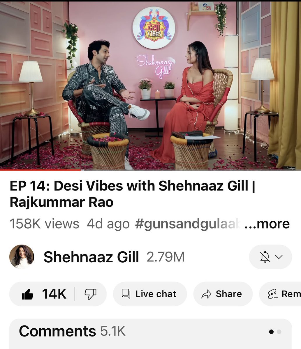 #DesiVibesWithShehnaazGil Episode 14 Update with #RajKumarRao 

VIEWS.            158K
LIKES.              14K
COMMENTS. 5.1K

KEEP STREAMING EVERYONE ❤️🙏🙏

#ShehnaazGill 

ShehnaazGill X RajKumarRao 

youtu.be/mBRHKzutlho?