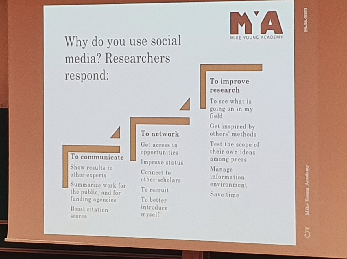 PstrossKaro's tweet photo. Degrees of social media use by scientists:
1️⃣ Communicate research (and get citations) #scicomm
2️⃣ Network with a community
3️⃣ Improve research (bounce ideas and discuss methods)
Scientists in the last category are the most successful ones in their field.
@MkeYoung #euprio2023 https://t.co/LMryLUjseF