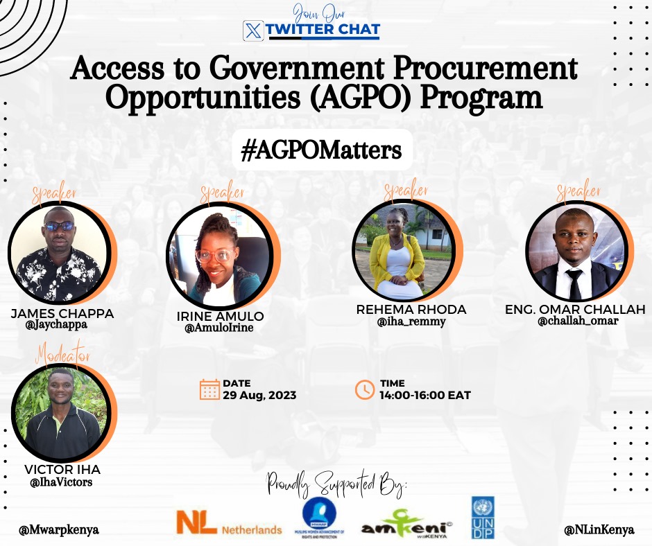 Victors Iha (ROCKY) (@ihavictors) on Twitter photo Attention all youth, women and PWDs! Today from 2:00pm, tukutane nyumba ya tent for a Twitter chat as we embark on unpacking the AGPO program. Tutakua na mabazuu <a href="/challah_omar/">Eng. Omar Challah</a> @AmuloIrine <a href="/iha_remmy/">Remmy Iha</a> <a href="/Jaychappa/">James Chappa</a> . Don't miss!
@Shamir2Edwine <a href="/JumaPambajuma61/">pamba juma</a>
#AGPOMatters Attention all youth, women and PWDs! Today from 2:00pm, tukutane nyumba ya tent for a Twitter chat as we embark on unpacking the AGPO program. Tutakua na mabazuu <a href="/challah_omar/">Eng. Omar Challah</a> @AmuloIrine <a href="/iha_remmy/">Remmy Iha</a> <a href="/Jaychappa/">James Chappa</a> . Don't miss!
@Shamir2Edwine <a href="/JumaPambajuma61/">pamba juma</a>
#AGPOMatters