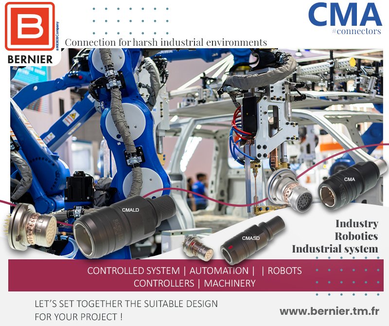 BERNIER_sas's tweet photo. CMA #connectors for industrial sector. Because industrial world needs connectivity, and sometimes requires it in harsh environments. CMA range connectors CMA,CMASD,CMALD,CMA-USBC brings its robustness, modularity, size and technology to meet the needs of industrial systems https://t.co/I4FJsbQ6G3