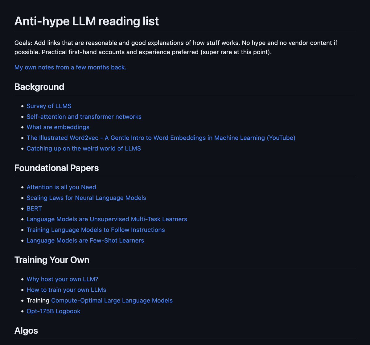 Anti-hype LLM reading list. Pretty good list. gist.github.com/veekaybee/be37…