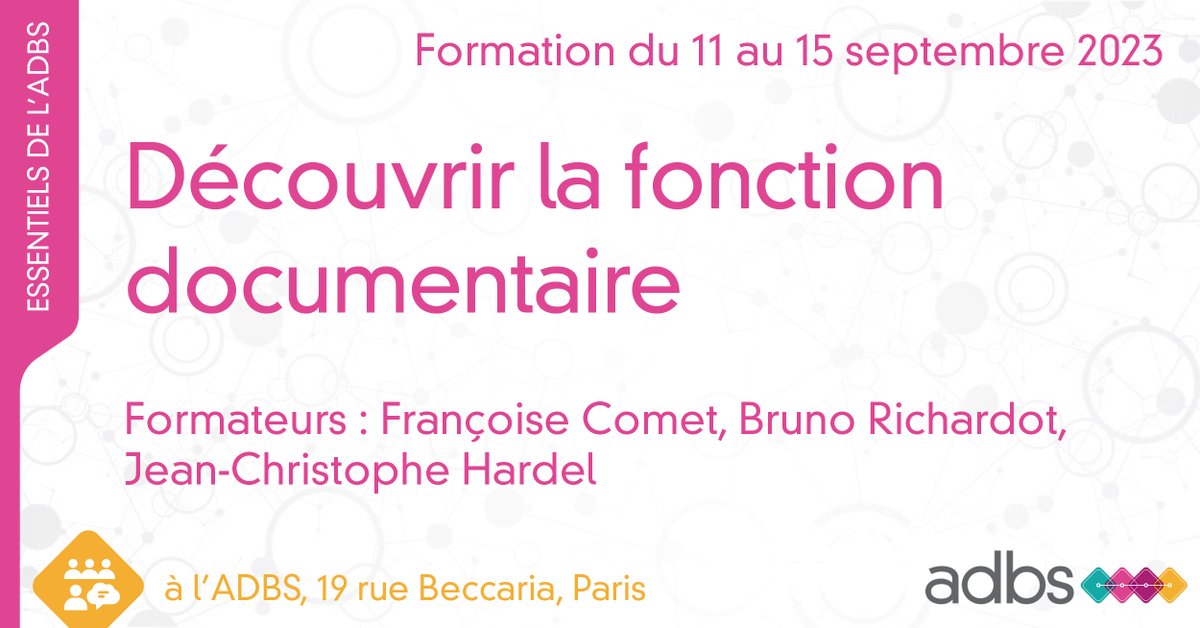 Profitez de la rentrée pour enrichir ou  faire évoluer votre parcours professionnel avec les formations de  l'ADBS. Il reste encore quelques places pour la prochaine session, "Découvrir la fonction documentaire". 👉 adbs.fr/formations/for…