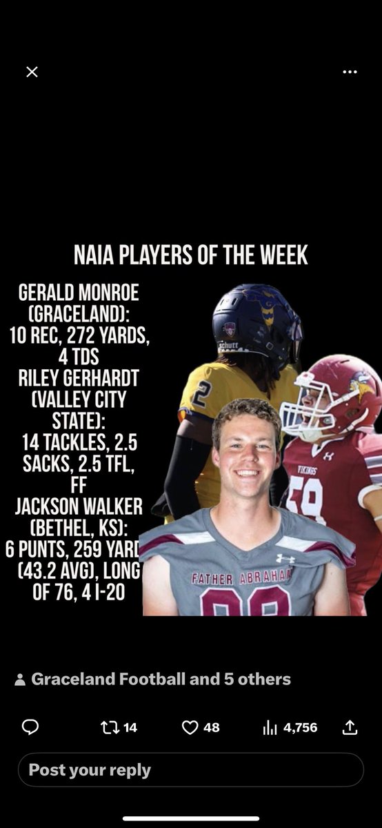 bigbwoi44's tweet photo. Week 0 NAIA Player of the week #proudpopsmoment #onlythetough @TheGeraldMonroe https://t.co/J4p3FzM7Kn