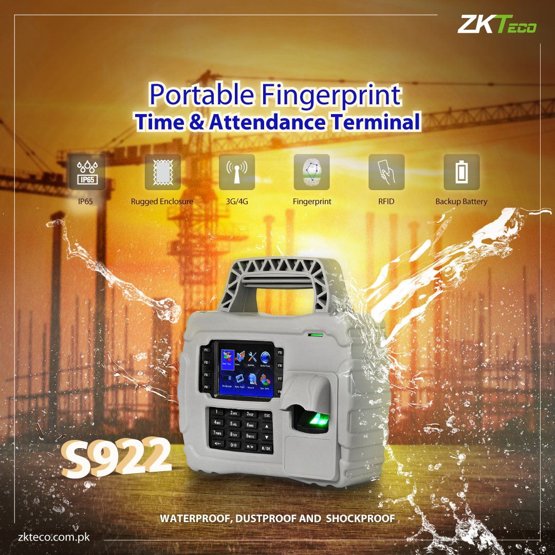 [S922 - Portable Time Attendance Terminal]
Waterproof, Dustproof, and Shockproof Portable Fingerprint  Time & Attendance Terminal. 

To know more: zkteco.com.pk/product_detail…

#ZKTeco #timeattendancesystem #waterproof #dustproof #shockproof #S922 #portable