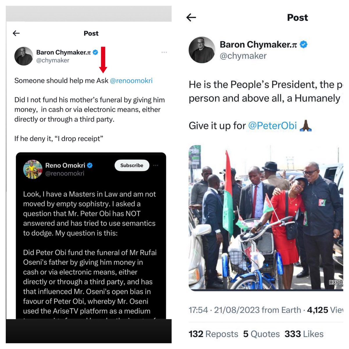 renoomokri's tweet photo. This has since gone viral, and I know where it originated. The fellow is a notorious Obedient. All you need do is search the handle @chymaker on Twitter (now X). Like Firstladyship, it is a notorious catfish handle that has been promoting Peter Obi from the get-go. 

My late mother died in 2004 when I was a young man barely out of my twenties, and I funded her funeral as her first son without collecting a dime from this person who is a stranger to me. At twenty nine years of age, I was recruited from England ti be a highly paid consultant at the office of the vice President. To God be the glory, money was not my problem. My self-appointed 'cousin', Rufai Oseni, was not at her burial. 

Since this person claims to have a receipt, I urge him and the big masquerades behind him to publish their receipt. In fact, I am ready to pay him $1000 if he publishes a genuine receipt, and urge Nigerians to help me appeal to him to publish his receipt in the interest of transparency.

Having said that, this is now the sixth day of my challenge to Rufai Oseni to #PublishTheSubpoena, upon which he alleged that Chicago State University denied Bola Tinubu's academic credentials on Tuesday, November 22, 2022. 

We cannot have a so called journalist passing off lies as news to the public because of his connections to politicians and then falsely accusing the person telling the truth of lying. 

I will not let this go, and I am prepared to take this to the highest judicial levels. This is a crusade to clean up our media until it is a vessel for truth and not for propaganda.