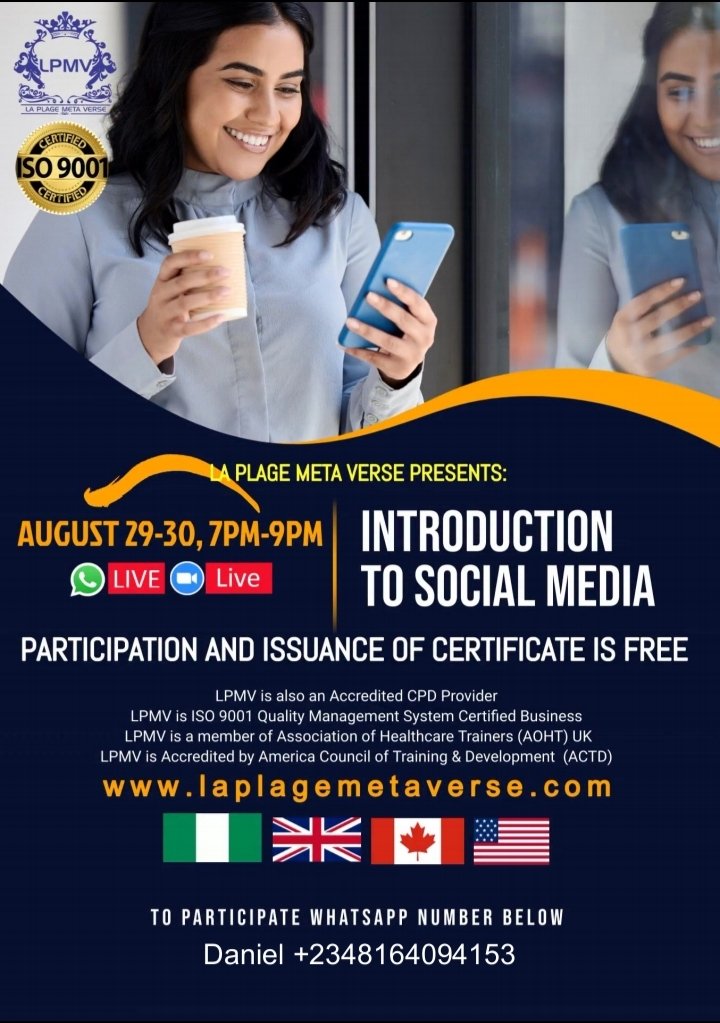 𝗜𝗡𝗧𝗥𝗢𝗗𝗨𝗖𝗧𝗜𝗢𝗡 𝗧𝗢 𝗦𝗢𝗖𝗜𝗔𝗟 𝗠𝗘𝗗𝗜𝗔 Say Ho to WhatsApp +2348164094153
𝗗𝗮𝘁𝗲:- 𝗔𝘂𝗴𝘂𝘀𝘁 𝟮𝟵-𝟯𝟬
Time: 7pm-9pm. (𝗪𝗵𝗮𝘁𝘀𝗮𝗽𝗽/𝗭𝗼𝗼𝗺)
𝗙𝗲𝗲:- 𝗥𝗲𝗴𝗶𝘀𝘁𝗿𝗮𝘁𝗶𝗼𝗻 &amp; 𝗰𝗲𝗿𝘁𝗶𝗳𝗶𝗰𝗮𝘁𝗲𝘀 𝗮𝗿𝗲 𝗳𝗿𝗲𝗲.
𝗙𝗘𝗘𝗟 𝗙𝗥𝗘𝗘 𝗧𝗢 𝗦𝗛𝗔𝗥𝗘