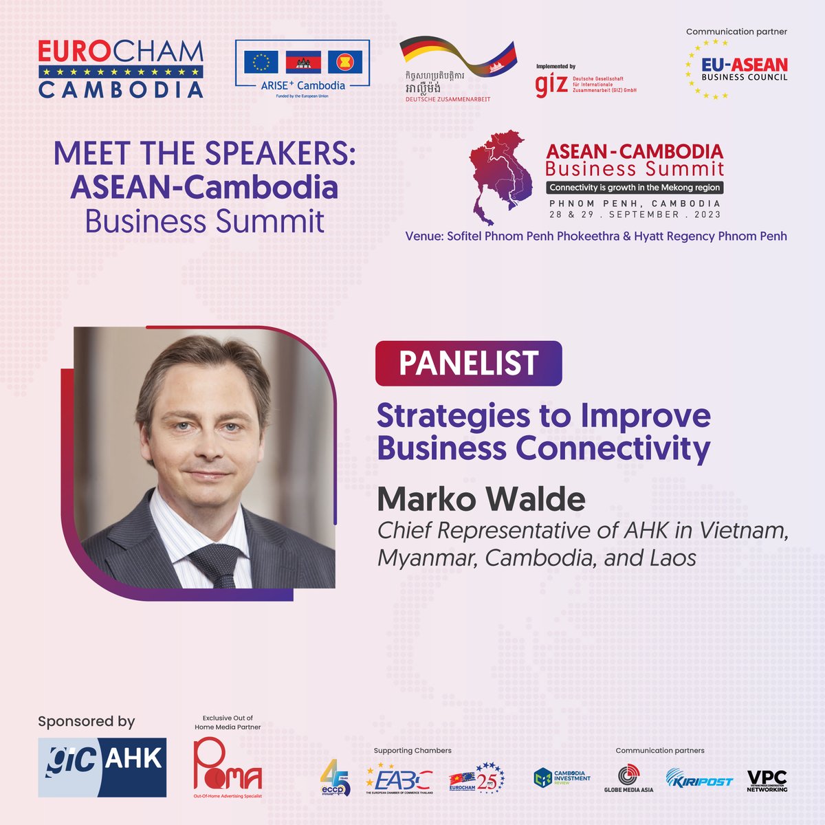 Meet our latest speaker for the ASEAN-Cambodia Business Summit, Mr. Marko Walde. Marko is the Chief Representative of AHK in Vietnam, Myanmar, Cambodia, and Laos.

Find more info about the summit here: sites.google.com/view/asean-bus…

#EuroChamCambodia #ASEAN #Mekong