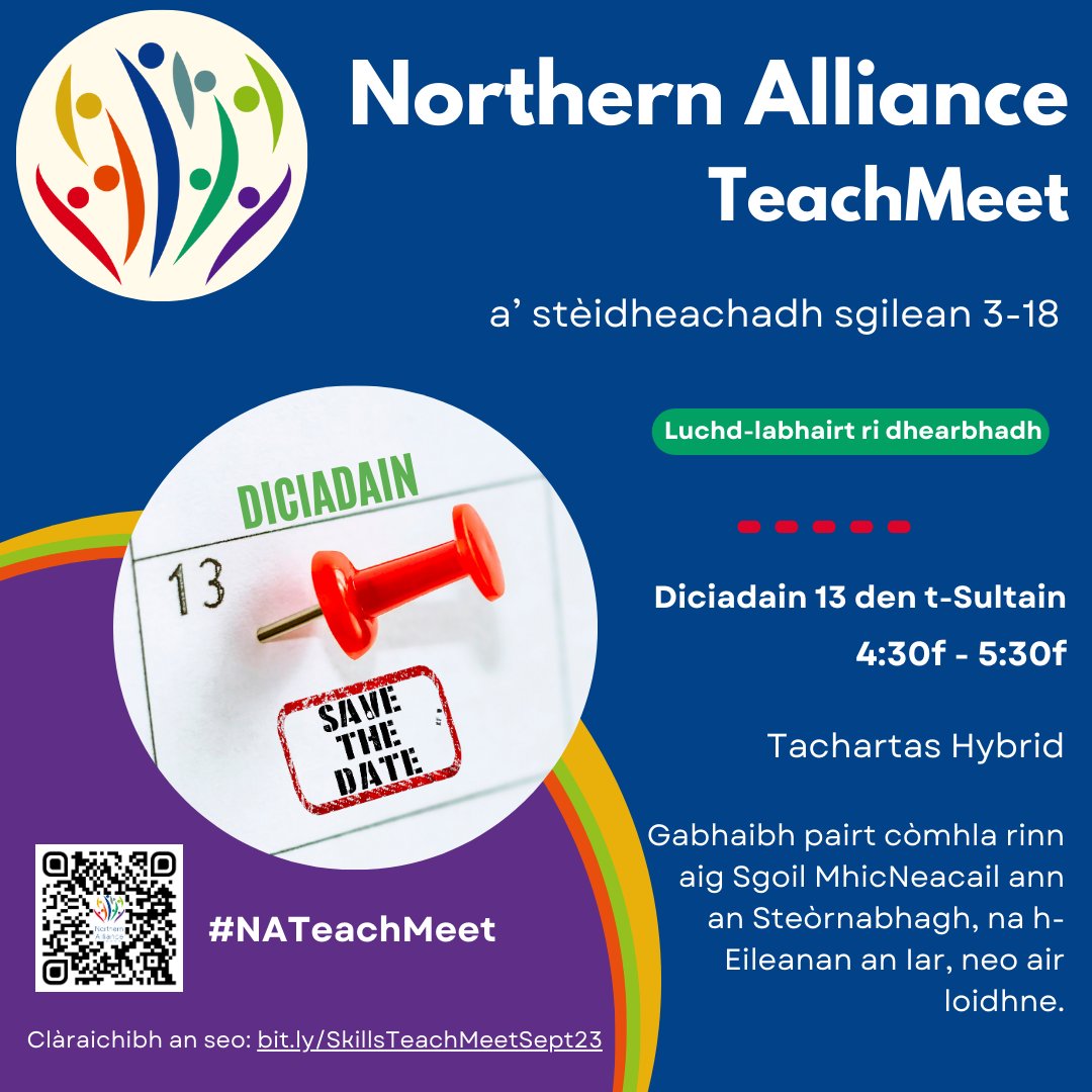 Northern Alliance (@nalliancescot) on Twitter photo Clàraichibh airson an ath #NATeachMeet againn air 13 Sultain @ 4.30f le fòcas air Sgilean Ionnsachaidh eadar 3-18. Gabhaibh pàirt anns na tachartasan againn le oraidean bho air feadh na Caidreachas a Tuath. Taing do <a href="/MacleodDonald/">Donald Macleod</a> agus <a href="/cne_siar/">Comhairle nan Eilean</a> airson aoigheachd a thoirt dhuinn. Clàraichibh airson an ath #NATeachMeet againn air 13 Sultain @ 4.30f le fòcas air Sgilean Ionnsachaidh eadar 3-18. Gabhaibh pàirt anns na tachartasan againn le oraidean bho air feadh na Caidreachas a Tuath. Taing do <a href="/MacleodDonald/">Donald Macleod</a> agus <a href="/cne_siar/">Comhairle nan Eilean</a> airson aoigheachd a thoirt dhuinn.
