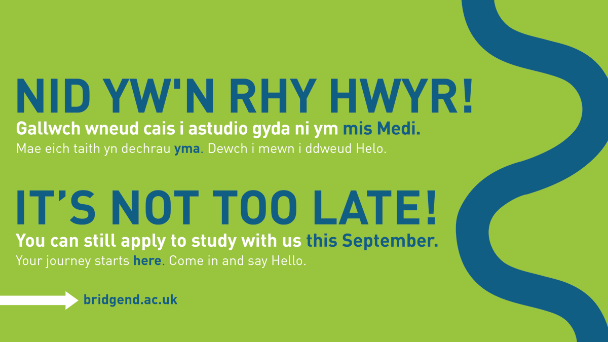 BridgendCollege's tweet photo. Gwnewch gais nawr am gwrs sy'n dechrau ym mis Medi. Dewiswch astudio gyda ni a chael eich cefnogi i fod yn bopeth y gallwch fod!

👋 Galwch heibio i’n Campysau Pencoed neu Benybont heddiw i gael cyngor a chymorth gan ein Tîm Gwasanaethau Myfyrwyr. https://t.co/p7BEypslfB