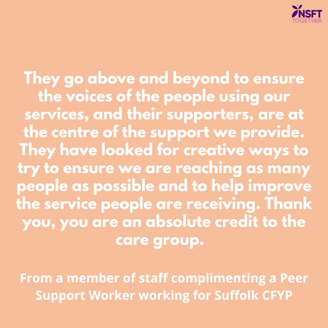 Today's #ComplimentCorner is to one of our Peer Support Workers! We're looking for a Peer Support Lead, to support the on-going development of our PSW workforce.

For more information/to apply: ow.ly/sQaS50PEt1i

#NSFTJobs #NSFT #WhyNSFT #MentalHealthJobs