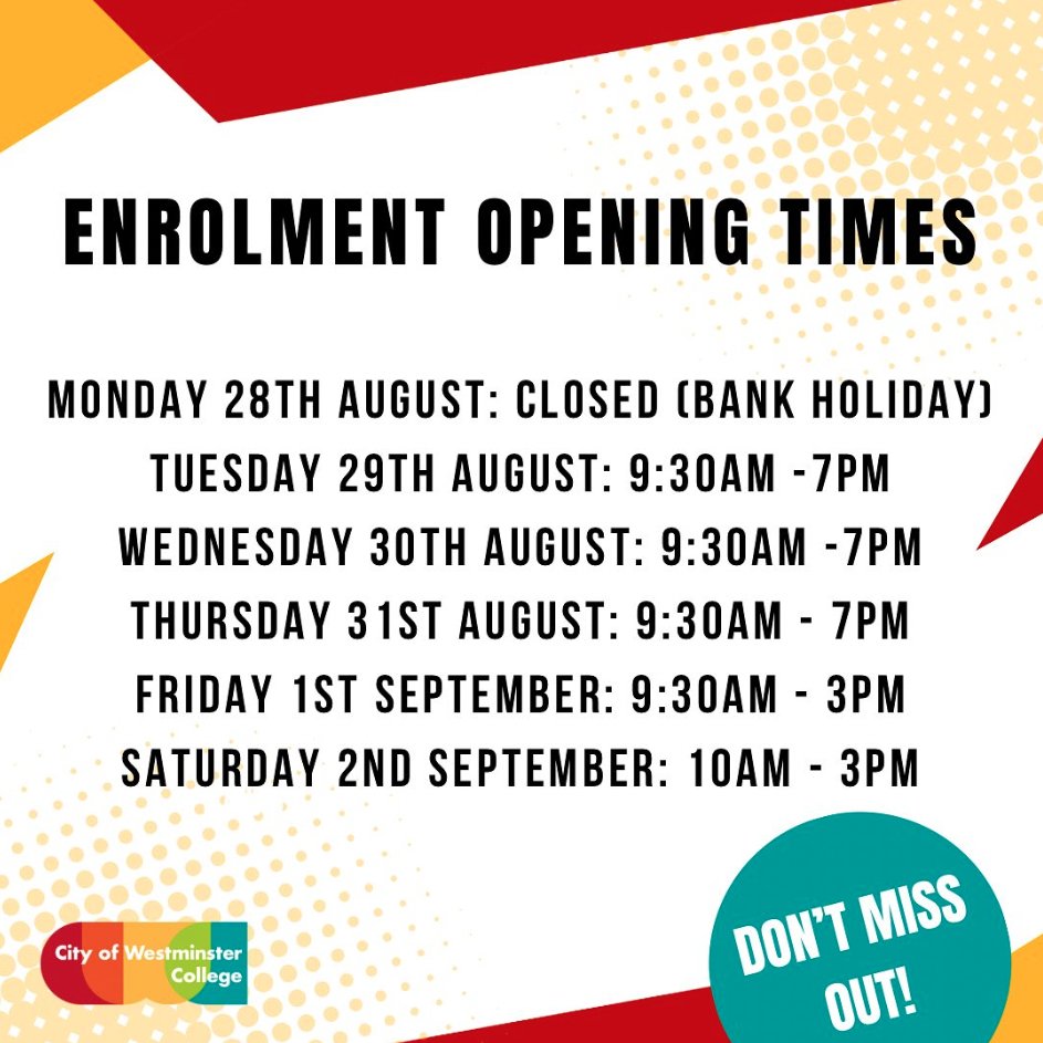 citywestcollege's tweet photo. Haven’t enrolled yet? Don't miss out! Come and see us during our Enrolment Opening Times.
For everything you need to know about enrolment, incl what to bring and what to do if you don't get the grades you expected 👉 https://t.co/hrOmGV6NZL.
#WeAreCWC #Enrolment2023 #Enrol https://t.co/T61xeXudpJ