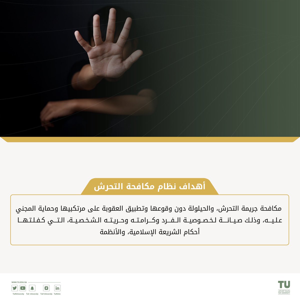 TaifUniversity's tweet photo. أهداف نظام مكافحة #التحرش. 

#جامعة_بلا_أسوار https://t.co/x3VscbGAJr