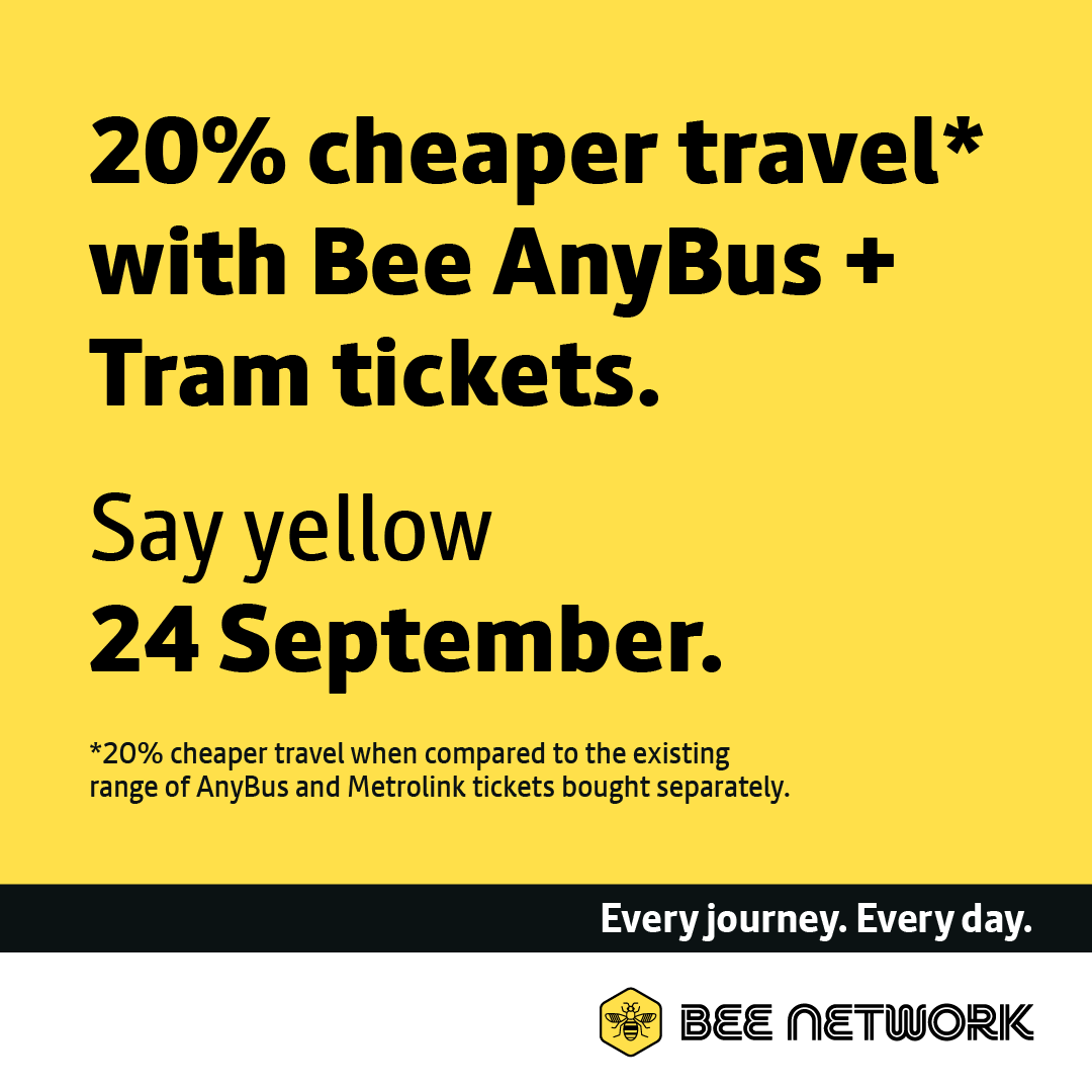 BeeNetwork's tweet photo. Hop from bus to tram with Bee AnyBus + Tram tickets from just £5.40.

Available on the new #BeeNetwork app from 24th September.

*20% cheaper travel when compared to the existing range of AnyBus and Metrolink tickets bought separately https://t.co/mnl1oBDGO6