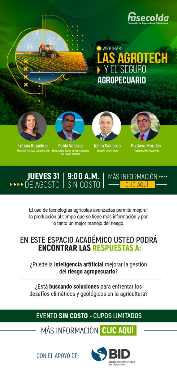 ArableLATAM's tweet photo. Únase al Webinar “Las AgroTech y el Seguro Agropecuario” el 31 de agosto, con Julián Calderón, Director de Innterra y partner de Arable: https://t.co/SCGJCnRKT2

@FasecoldaOficia

#agtech #agrotech https://t.co/a2x15aS91l