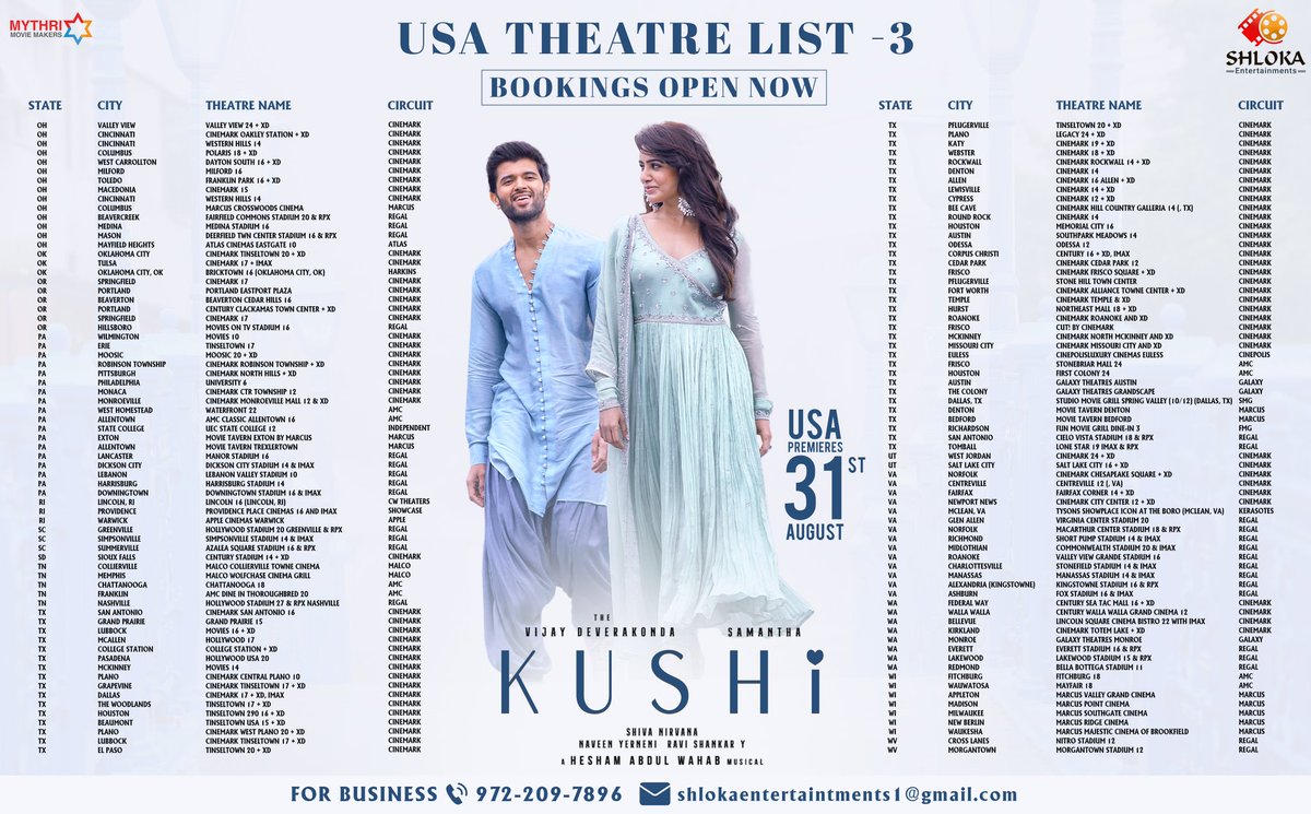 #Kushi 🇺🇸 final Theatres list❤️‍🔥❤️‍🔥❤️‍🔥

Grand USA Premieres On Aug 31st by @ShlokaEnts 🔥

#KushiOnSep1st 🌋

@TheDeverakonda #VijayDeverakonda