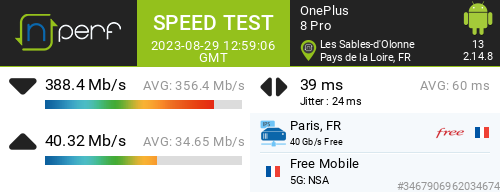 Val_gauthier78's tweet image. ↓388400 kb/s ↑40318 kb/s, ⇄ 39 ms / mobile:Free Mobile / #OnePlus8Pro / #nPerf v2.14.8 /