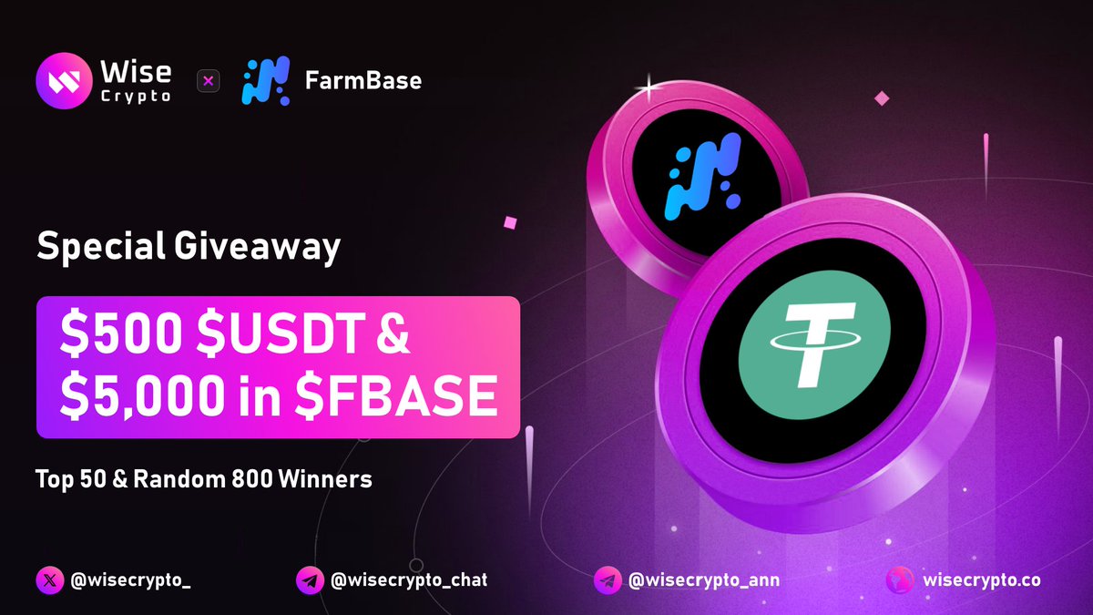 WiseCrypto_'s tweet image. 🥳 Wise Crypto X FarmBase #Giveaway 

🏆 Prize Pool - $500 $USDT &amp;amp; $5,000 in $FBASE

To Enter
✅ Follow @WiseCrypto_ &amp;amp; @farmBASEfarm
✅ RT &amp;amp; Tag 3 Friends
✅ Complete Tasks giveaway.com/en/zuT8KOPSBco

🥇 Top 50 &amp;amp; Random 800

#Airdrop #Giveaways #Crypto #Airdrops #BTC #USDT #FBASE