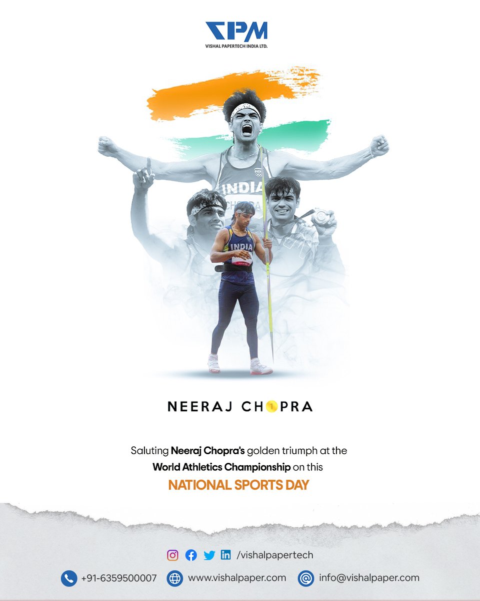 VishalPapertech's tweet image. 🥇 On this #NationalSportsDay, #VishalPapertech salutes the Golden Boy, #NeerajChopra, for his historic #GoldenTriumph! 🏅🇮🇳 His dedication and hard work inspire us all to reach for the stars. Let's keep supporting and nurturing our sporting talent. 🌟💪 #Inspiration #ProudIndian