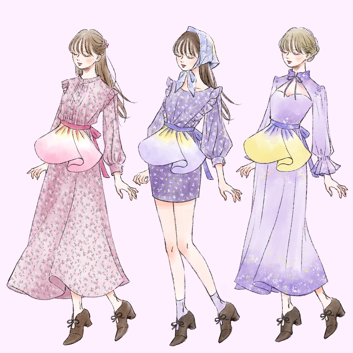 multiple girls closed eyes 3girls dress purple dress brown hair brown footwear  illustration images