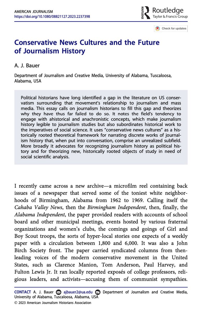 A.J. Bauer (@ajbauer) on Twitter photo šØNew publication alertšØ
My essay "Conservative News Cultures and the Future of Journalism History" is now live!
Commemorating the 40th anniversary of <a href="/AJMediaHistory/">American Journalism</a>!
doi.org/10.1080/088211⦠šØNew publication alertšØ
My essay "Conservative News Cultures and the Future of Journalism History" is now live!
Commemorating the 40th anniversary of <a href="/AJMediaHistory/">American Journalism</a>!
doi.org/10.1080/088211ā¦