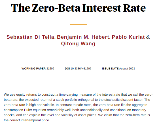 nberpubs's tweet photo. The Euler equation works — if you use the zero-beta rate, from Sebastian Di Tella, Benjamin M. Hébert, Pablo Kurlat, and Qitong Wang https://t.co/dtR0cvFViv https://t.co/17n8QEAlX8