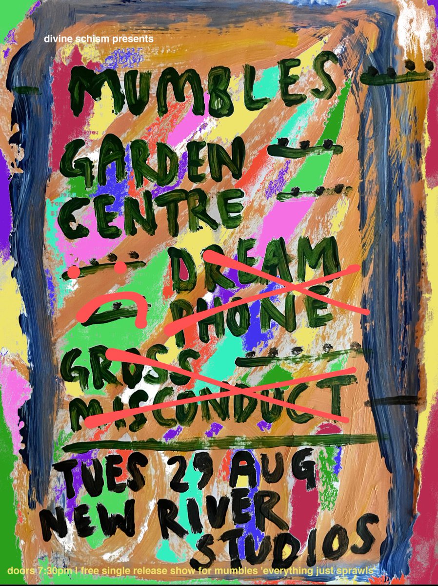 really really gutted to have to pull out of this @DivineSchism show tonight due to illness. and gross misconduct too! we're dropping like flies 😭 wanna fill in and celebrate @mumblesmuzak single launch with @GardenCentre_ ? slide into @DivineSchism DMs