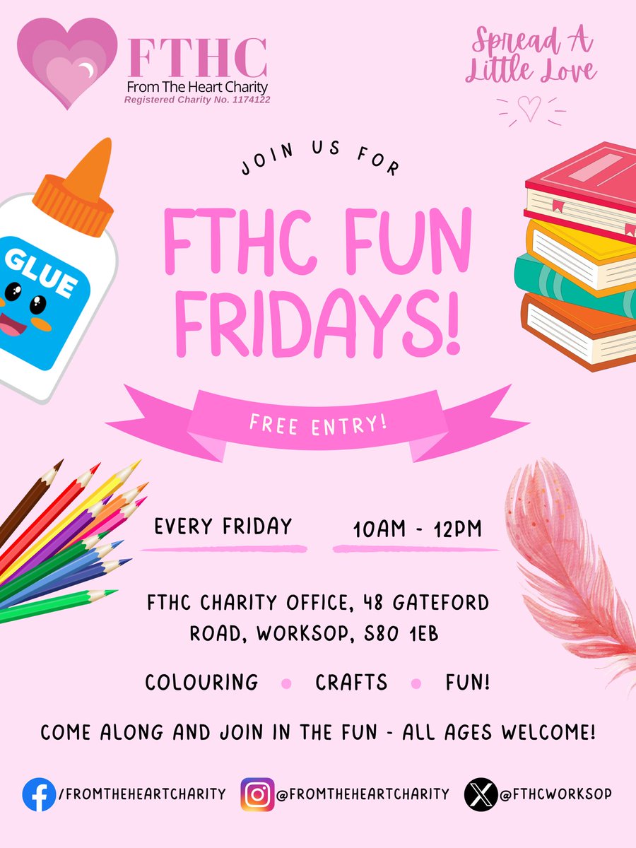 We are holding our ‘Fun Fridays’ every Friday at our charity office! There will be colouring, crafts and themed sessions - free of charge! 😁

Breakfast and snacks will also be available, as well as tea, coffee and biscuits for adults! 🥰

We hope to see you there! 💗

#fthc