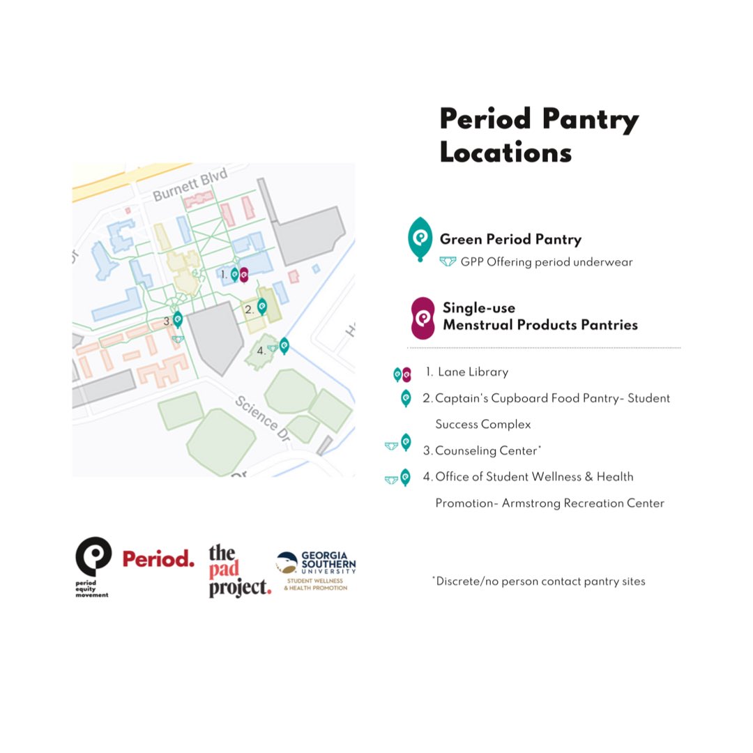 Students, do you know about the Period Equity Movement (PEM) at Georgia Southern? PEM is a multi-campus initiative led by students, staff, and faculty to promote period equity. View the maps for Period Pantry locations and scan the QR code for more details!
