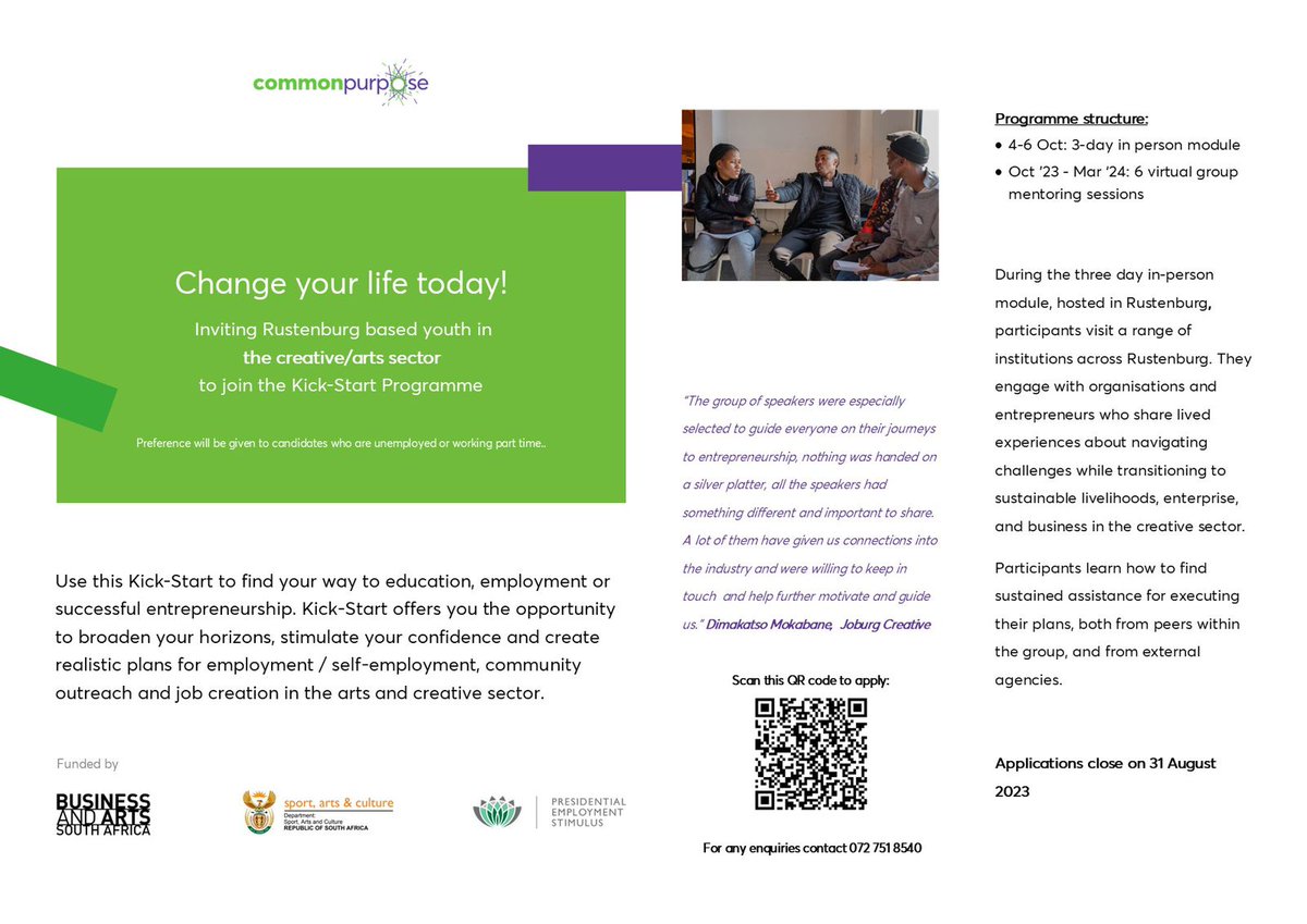Common Purpose ZA (@commonpurposeza) on Twitter photo <a href="/CommonPurposeZA/">Common Purpose ZA</a>
Rustenburg you are up next.... Applications for our Kick-Start Programme for young people in the creative Arts have opened.
Apply here: commonpurpose.formstack.com/forms/kick_sta…
Email : info@commonpurpose.org.za
WhatsApp: 072 751 8540 <a href="/CommonPurposeZA/">Common Purpose ZA</a>
Rustenburg you are up next.... Applications for our Kick-Start Programme for young people in the creative Arts have opened.
Apply here: commonpurpose.formstack.com/forms/kick_sta…
Email : info@commonpurpose.org.za
WhatsApp: 072 751 8540
