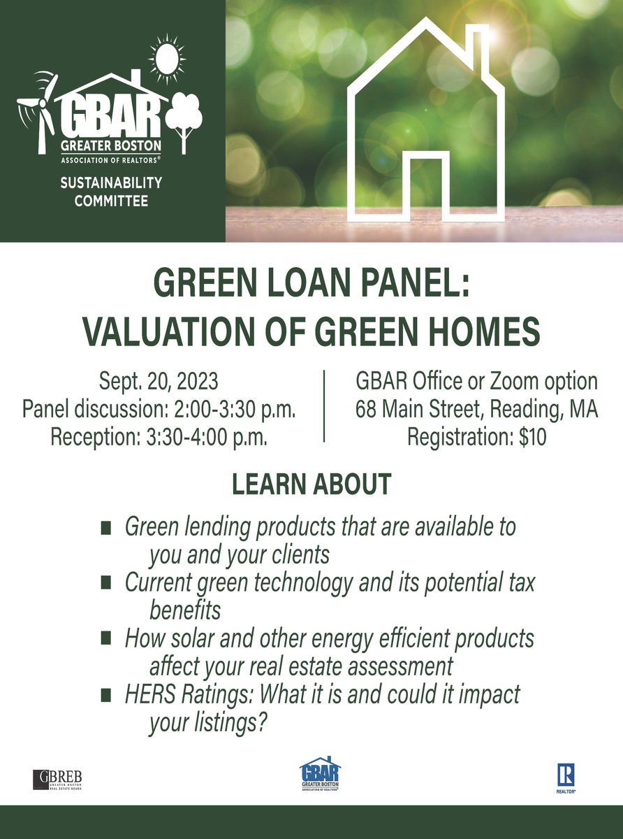 Register today for the Green Loan Panel where you will hear from a lender, an assessor, and a HERS Rater (Home Energy Rating System). Get more info on our speakers and registration here: gbreb.com/GBAR/Sites/GB/…
#Sustainability #greenhomes