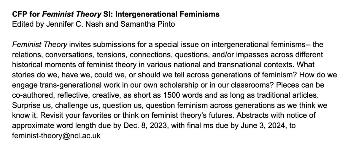FeministTheory (@feministtheory) on Twitter photo ❗️CFP for Feminist Theory SI: Intergenerational Feminisms. Edited by @pornoscholar and <a href="/samanthanpinto/">Samantha Pinto</a>. (All submissions to feminist-theory@ncl.ac.uk)❗️ ❗️CFP for Feminist Theory SI: Intergenerational Feminisms. Edited by @pornoscholar and <a href="/samanthanpinto/">Samantha Pinto</a>. (All submissions to feminist-theory@ncl.ac.uk)❗️