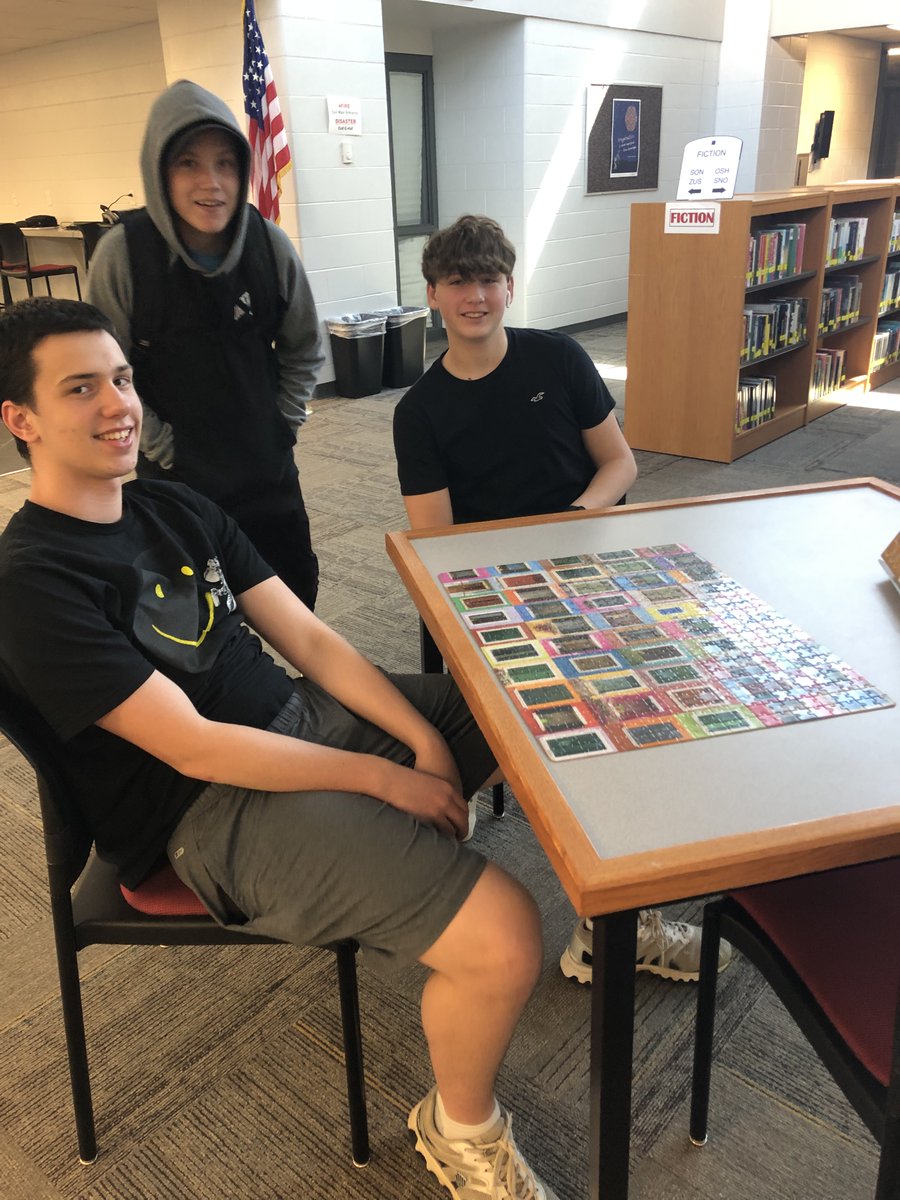 Puzzle #2 completed! Many students stopped in and worked on the puzzle. These students were the ones that put the last pieces together.