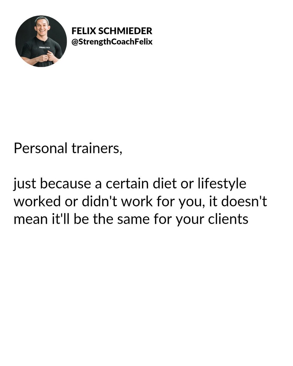 Your experiences and preferences are not your clients. Any sort of intervention will be successful so long as the client can adopt that lifestyle.

 #personaltrainer #personaltraining #personaltrainers #workoutroutine #workoutprogram #personaltrainerincome #personaltrainerlife
