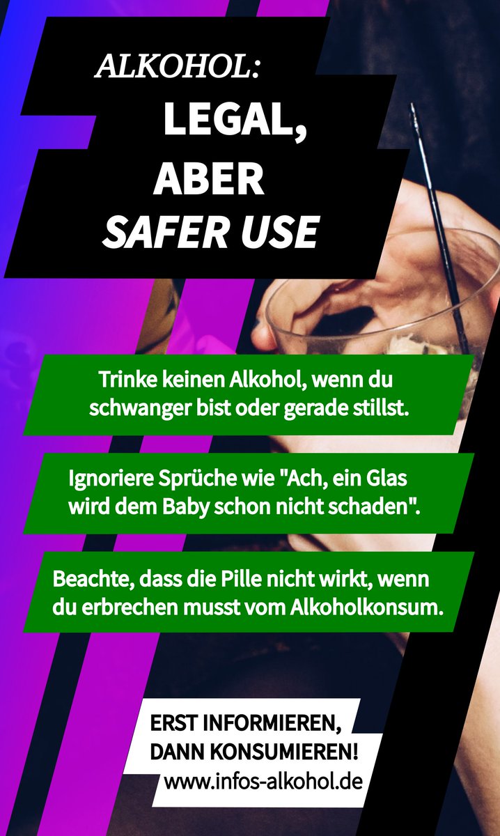 #Alkohol ist eine der gefährlichsten Drogen, die konsumiert wird.  

Dabei sollten Safer Use Regeln beachtet werden, um die Risiken für #Frauen und ihre #Babys gering zu halten!

"Erst informieren, dann konsumieren!" - damit es keine  Überraschungen gibt.