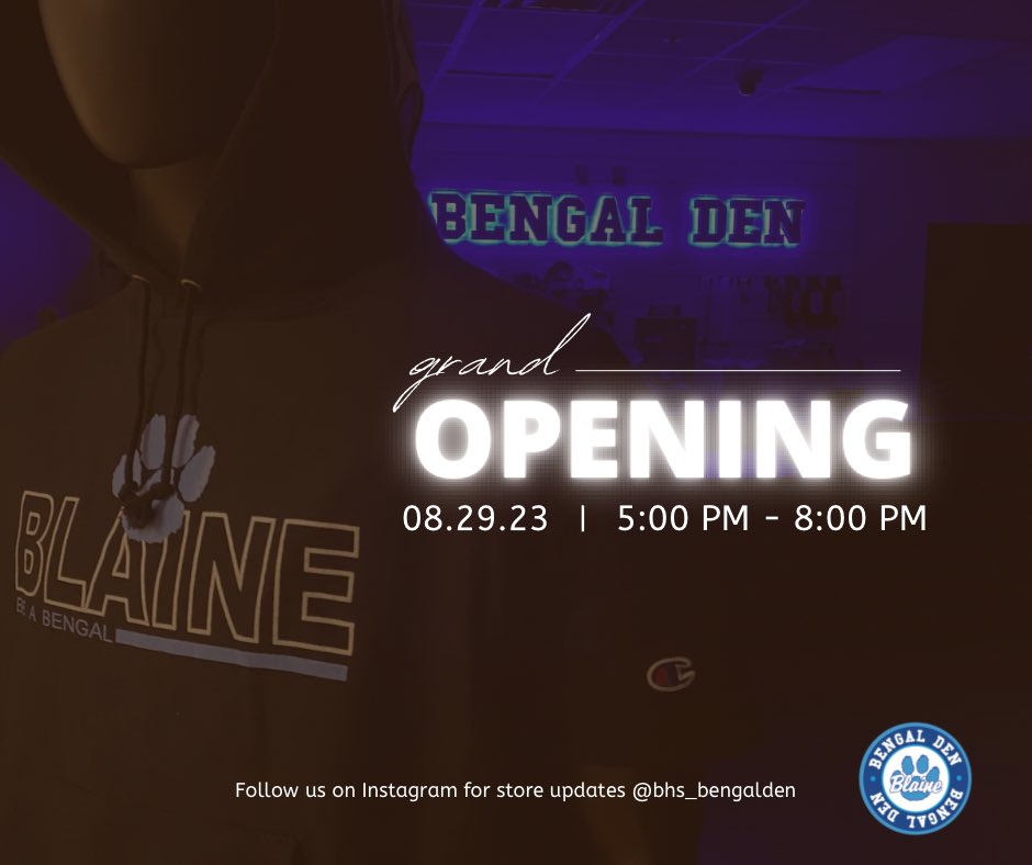 Heading to Open House tonight at Blaine?  The Bengal Den will be open 5:00 PM - 8:00 PM and is located in the field house.  Stop in and pick up some new Bengal gear and then cheer on the volleyball team as they take on Forest Lake.  Open House runs from 6:00 PM - 8:00 PM