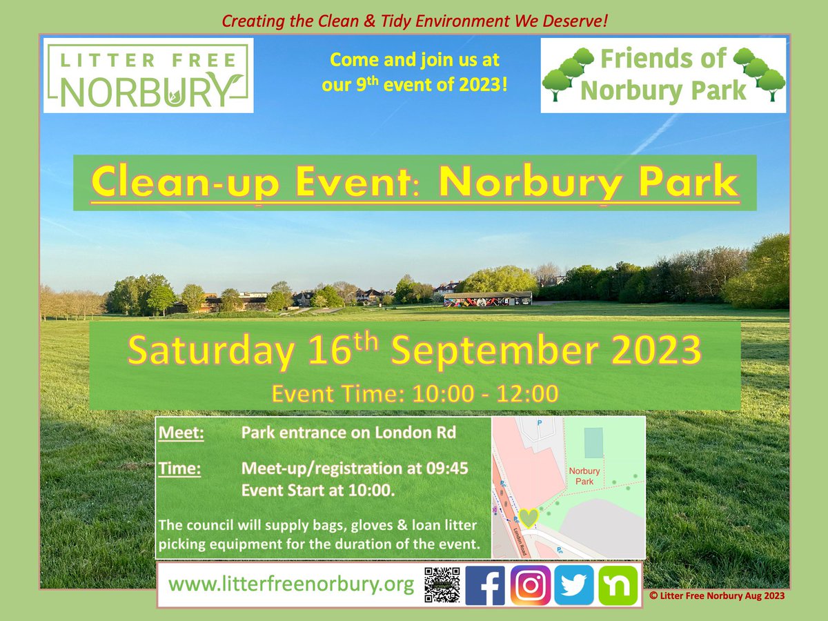 Our next Clean-up Event will take place in Norbury Park on Saturday 16th September at 10am. Meet-up as usual at the London Road entrance from 9:45am for registration. #communitycleanup #litterpicking #litterfreenorbury #litter #norbury #croydon #sw16 @Norburyparklife