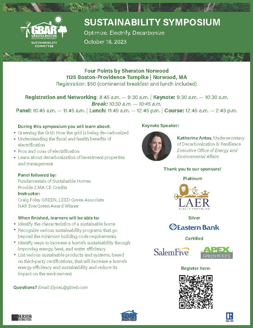 Mark your calendar for the second annual #Sustainability  Symposium! You can earn 2 CEs and learn about the importance of #electrification &amp; #decarbonization. Thanks to our sponsors! @LEARRealty <a href="/easternbank/">Eastern Bank</a> <a href="/buildingdecarb/">Building Decarbonization Coalition</a> <a href="/ApexGreenRoofs/">Apex Green Roofs</a> <a href="/SalemFive/">Salem Five</a>
#electrifyme
