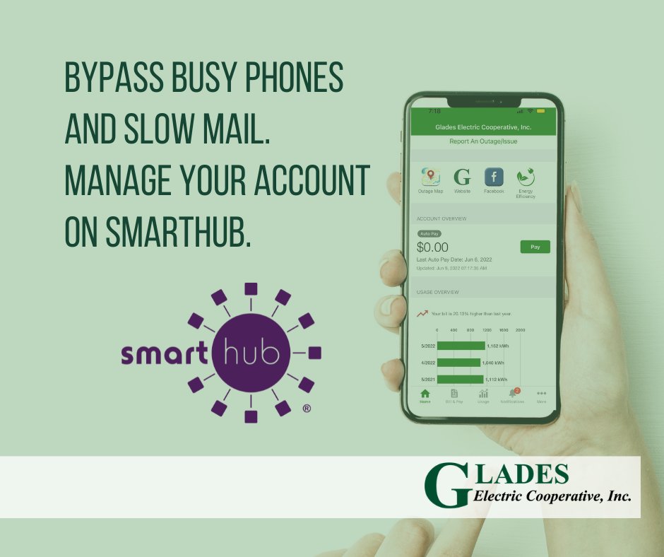 SmartHub provides account management at your fingertips. In the SmartHub app, you can view and pay your bill online, view power usage and previous bills, receive special messaging from GEC and notify us of any service needs or outages. 
Download the app today from your app store.