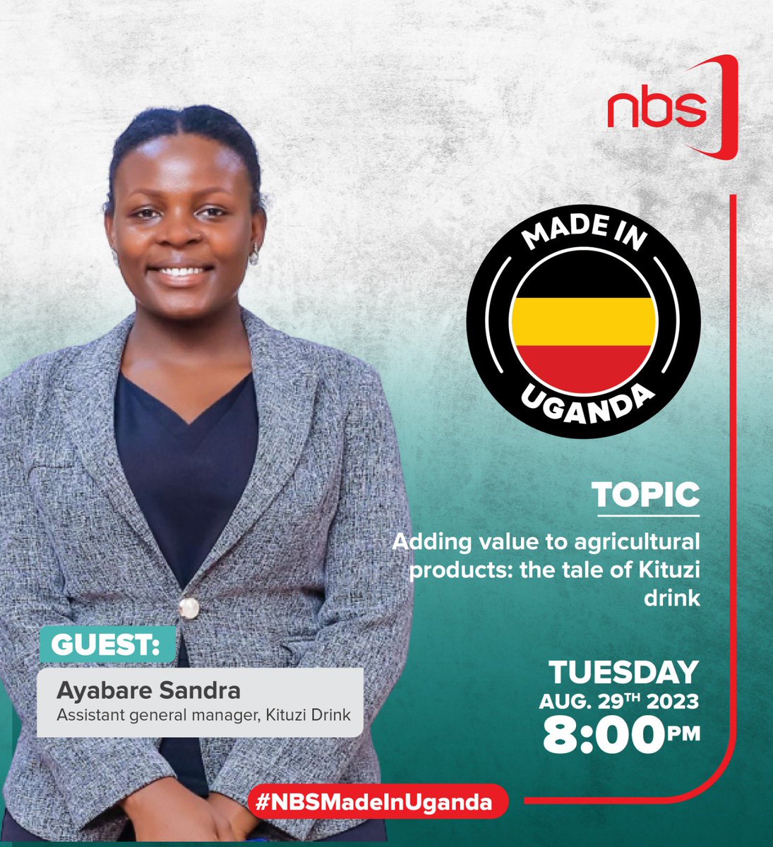 Fireliglntfi's tweet photo. TOPIC: Adding value to agricultural products: the tale of @KituziDrink.

Guests: Kyarire Simon and Ayabare Sandra | @KituziDrink.

Don’t miss #NBSMadeInUganda tonight at 8:00pm.
Hosted by @IsabellaTugume.  

#NBSUpdates https://t.co/kAkIdCjzq5