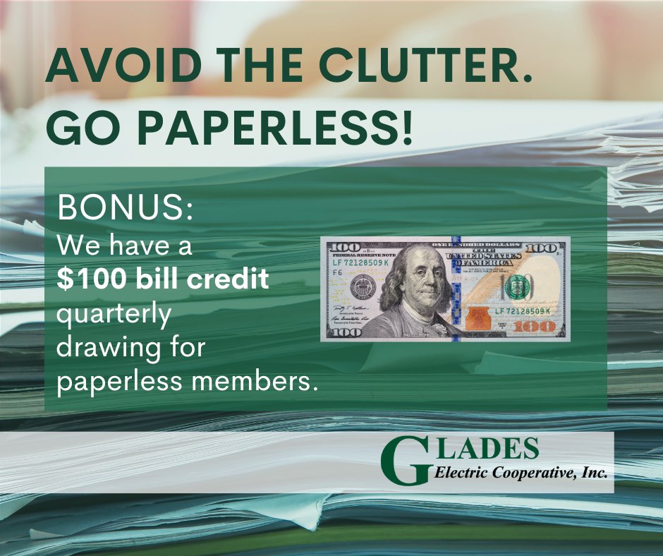 Switch to paperless billing and avoid unnecessary clutter, among many other benefits.
Four easy ways to go paperless:
Sign up in the SmartHub app
Sign up at gladesec.smarthub.coop
Use our website form at gladeselectric.com/about-us/conta…...
Call (863) 946-6200 during normal business hours