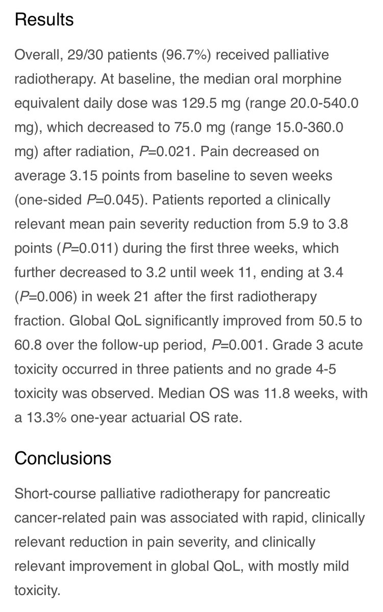 How effective is short-course palliative #radiotherapy for #PancreaticCancer related #pain ? @CPaolaTV @evaversteijne Prospective #PAINPANC study: rapid, clinically relevant reduction in pain severity, and improved global QoL, with mostly mild toxicity. redjournal.org/article/S0360-…